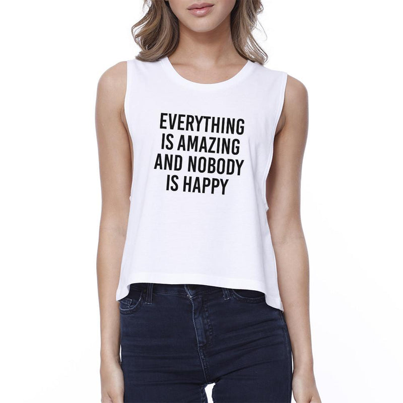 Everything Nobody Happy Womens White Sleeveless Crop Top Gym Shirt