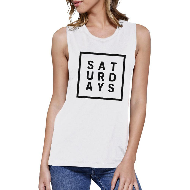 Saturdays Womens White Muscle Top Trendy Typography Workout Shirt