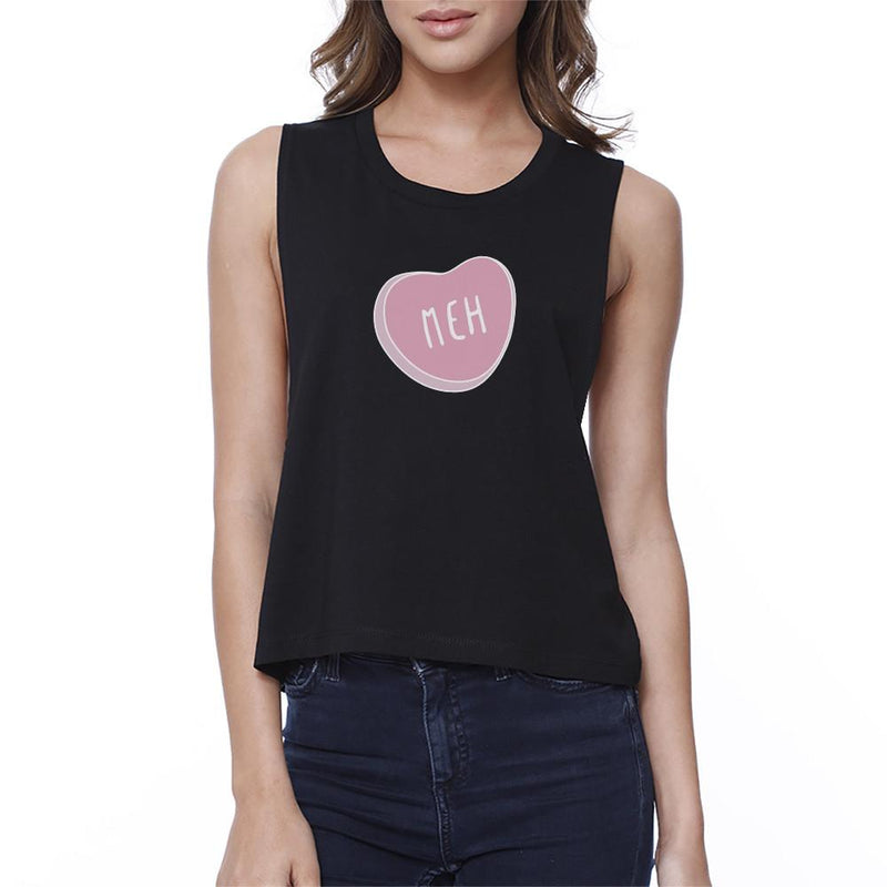 Meh Women's Black Crop Shirt Cute Pink Heart Lovely Design Gifts For Her