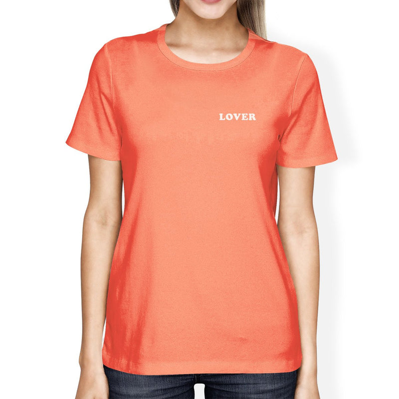 Lover Womens Peach T-shirt Simple Typography Crew-Neck For Couples
