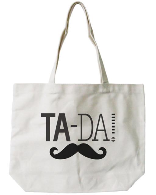 Women's Reusable Bag- Ta-da! Mustache 100% Cotton Natural Canvas Tote Bag
