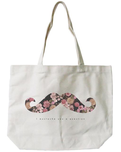 Women's Canvas Bag-I Mustache You a Question Floral Print Canvas Tote Bag