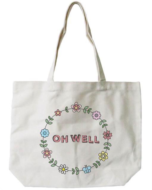 Women's Canvas Bag- Cute Floral Design "Oh Well" Canvas Tote Bag Natural