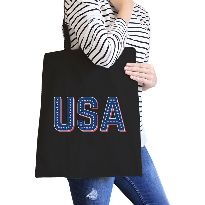 USA With Stars Black Canvas Bag Unique USA Letter Printed Tote Bag