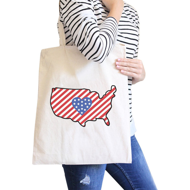 USA Map American Flag Cotton Shoulder Bag Cute Heart Design Tote