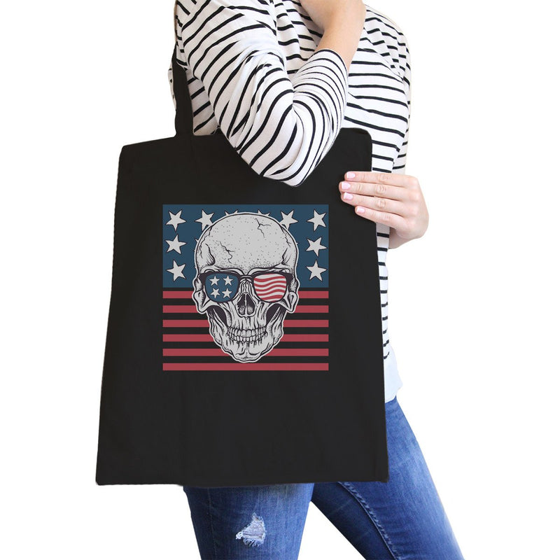 Skull American Flag Black Reusable Canvas Tote Bag July 4th Gifts
