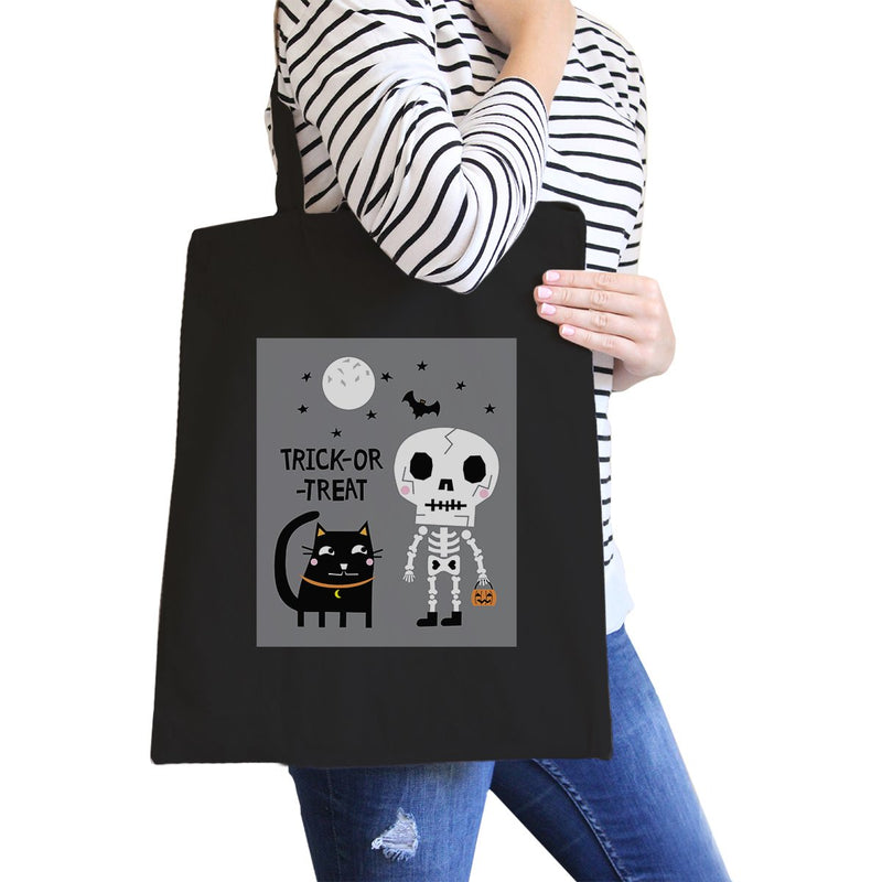 Trick-Or-Treat Skeleton Black Cat Black Canvas Bags