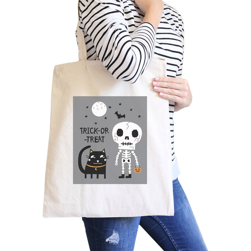 Trick-Or-Treat Skeleton Black Cat Natural Canvas Bags