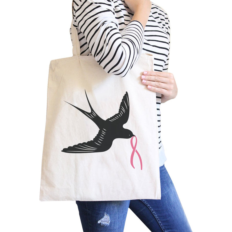 Pink Ribbon And Swallows Birds Natural Canvas Bags