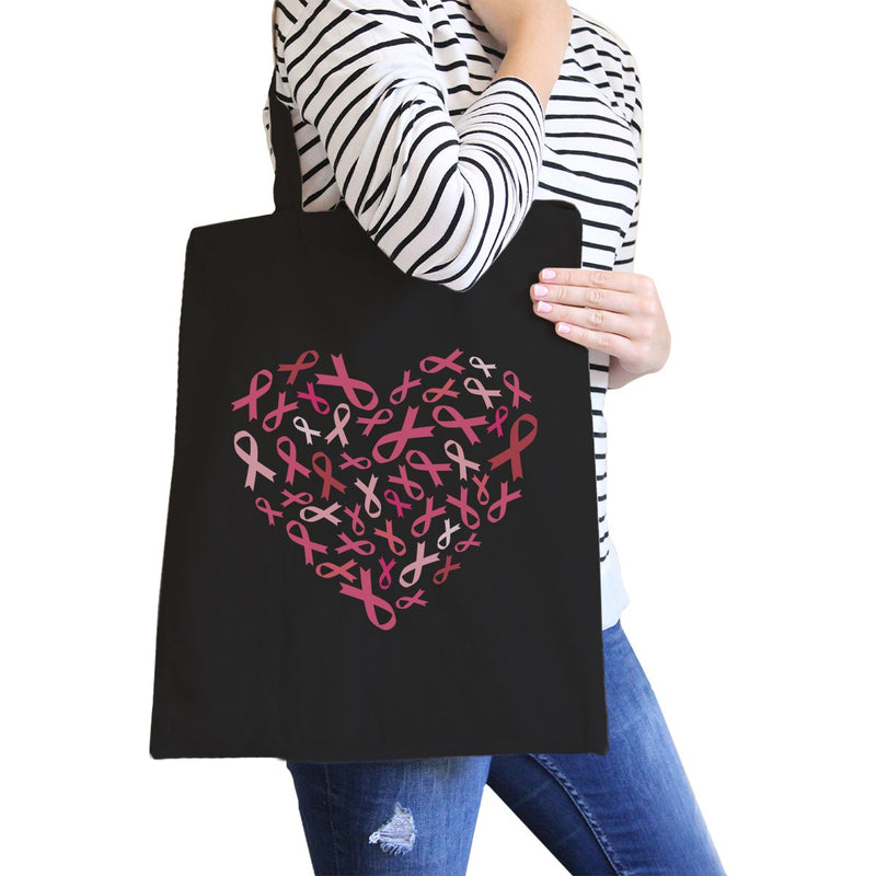 Pink Ribbon Heart Black Canvas Bags