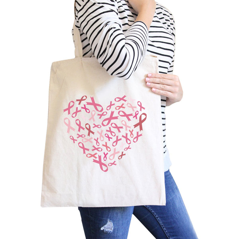 Pink Ribbon Heart Natural Canvas Bags