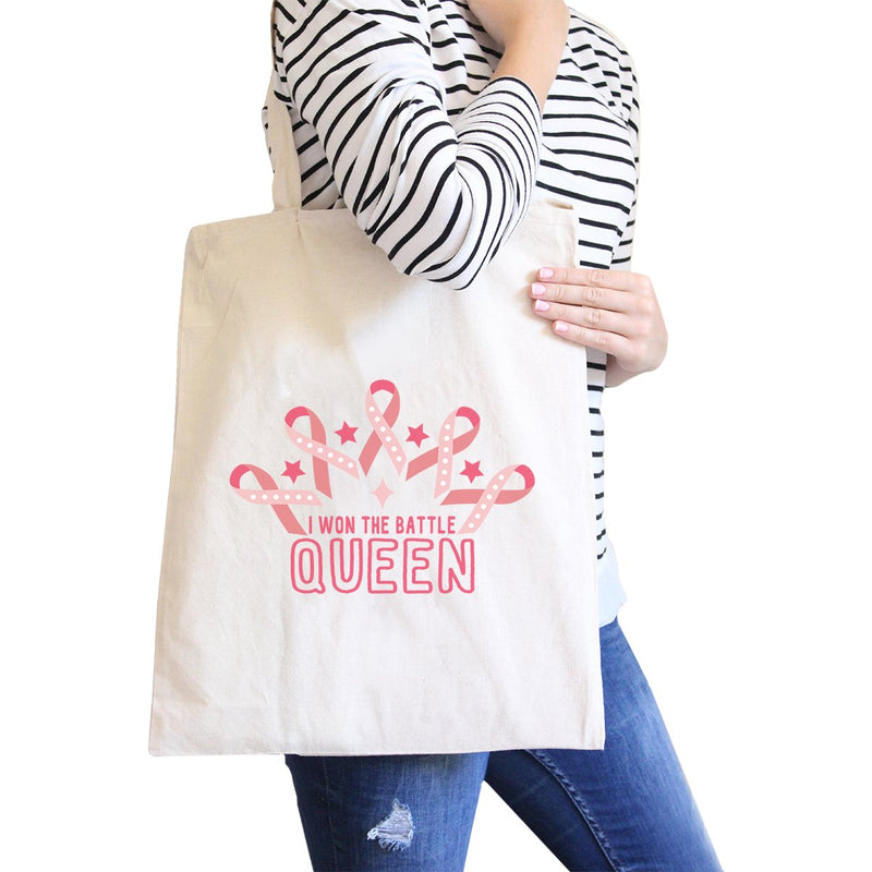Won The Battle Queen Breast Cancer Awareness Natural Canvas Bags
