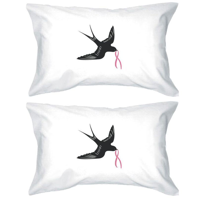 Pink Ribbon And Swallows Birds White Pillowcases