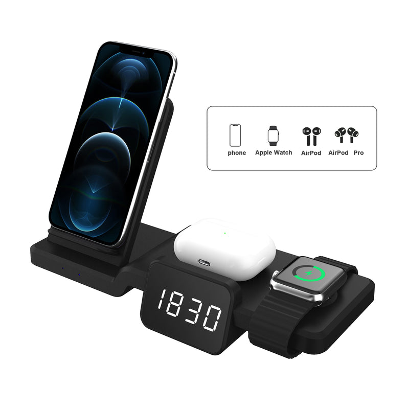 Clock radio charge 15W 4 in 1 Cell Phone Qi Fast Wireless Charger For iWatch For AirPods Time adjustment