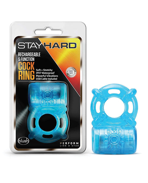 Blush Stay Hard Rechargeable 5 Function Cock Ring- Blue Blush Novelties