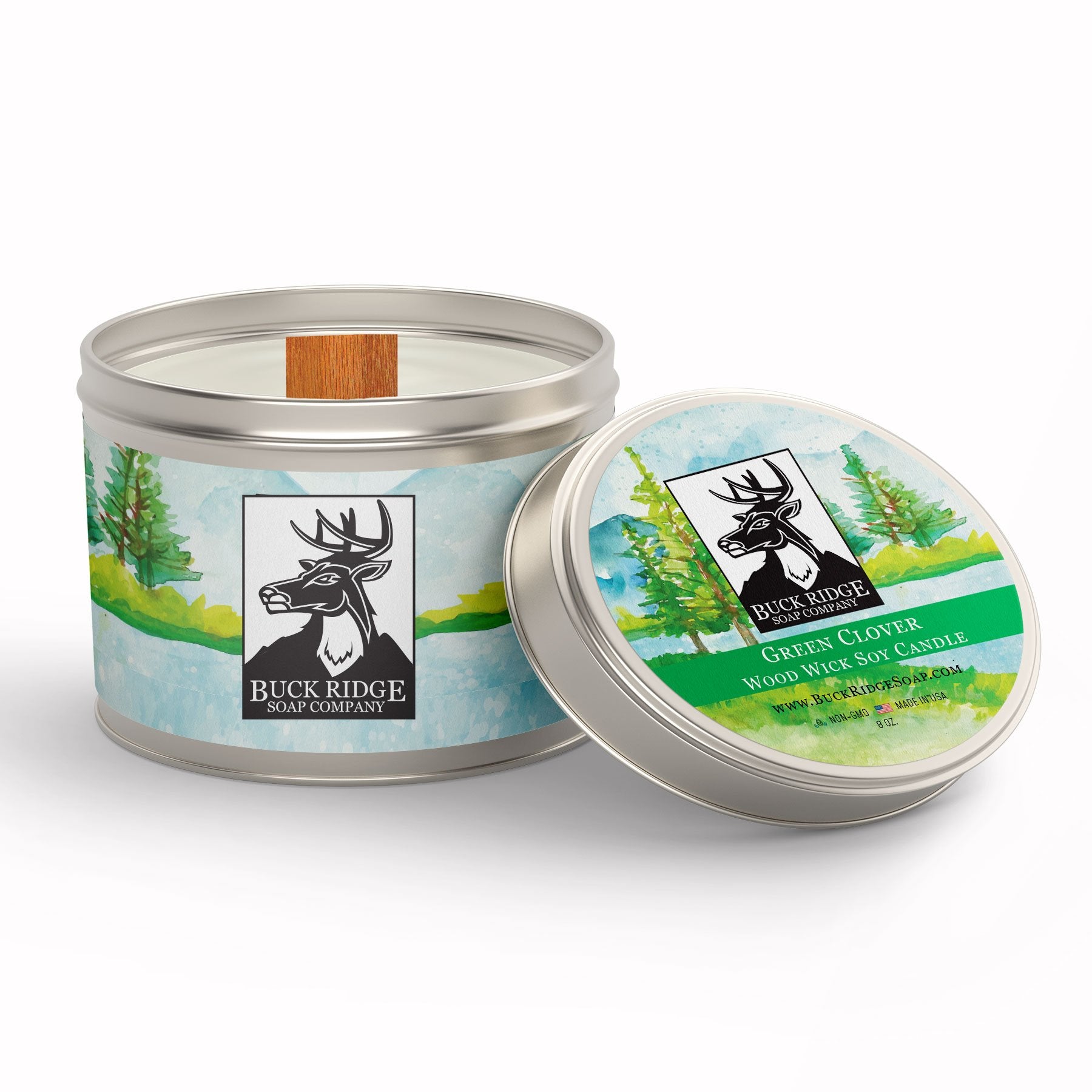 Green Clover Sustainable Wood Wick Soy Candle Buck Ridge Soap