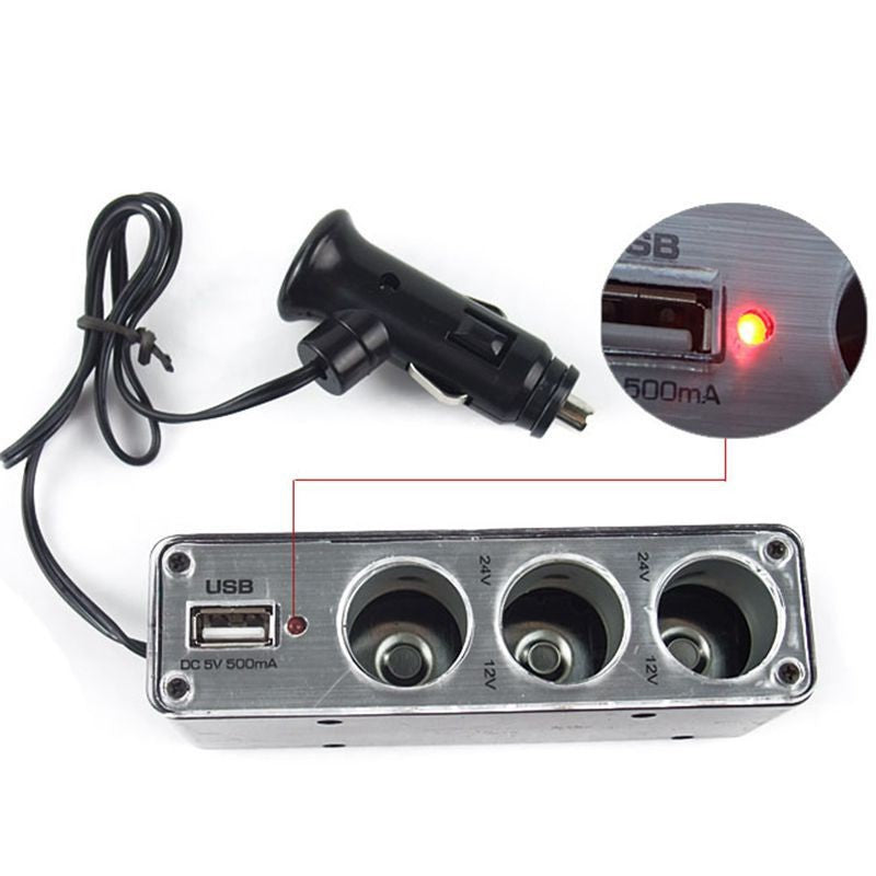 3 Way Car Cigarette Lighter Socket Splitter Charger Power Adapter DC+USB Port Plug 12V-24V