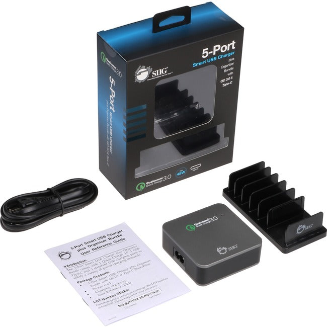 SIIG 5-Port-Smart-USB-Ladegerät plus Organizer-Bundle mit QC3.0 und Typ-C – Schwarz