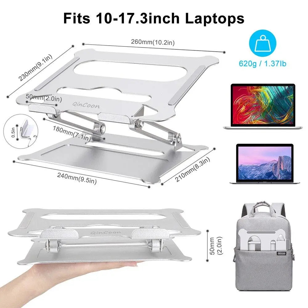 Adjustable Aluminum Laptop Stand Ergonomic Multi-Angle Desk Laptop Holder w/Heat-Vent for Notebook MacBook Dell HP More 10-17.3" (Silver) - GreatEagleInc