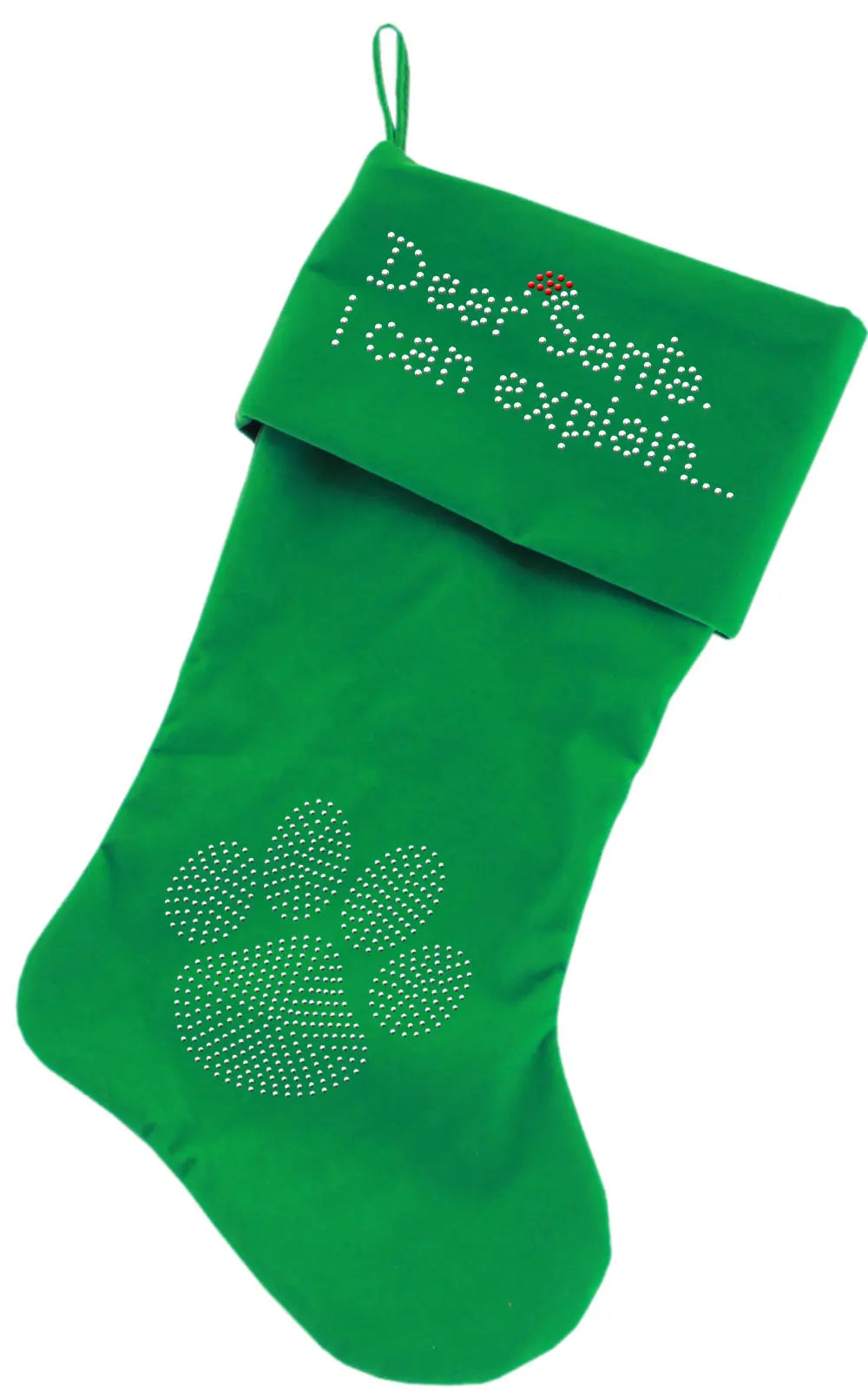 Dear Santa I Can Explain Rhinestone 18 Inch Velvet Christmas Stocking Green Default Title