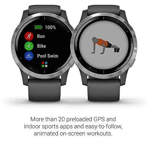 Garmin vivoactive 4, GPS Smartwatch, Features Music, Body Energy Monitoring, Animated Workouts, Pulse Ox Sensors and More, Silver with Gray Band