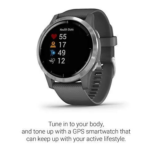 Garmin vivoactive 4, GPS Smartwatch, Features Music, Body Energy Monitoring, Animated Workouts, Pulse Ox Sensors and More, Silver with Gray Band