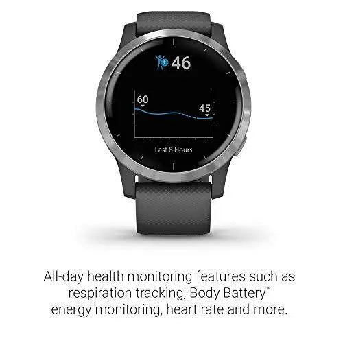 Garmin vivoactive 4, GPS Smartwatch, Features Music, Body Energy Monitoring, Animated Workouts, Pulse Ox Sensors and More, Silver with Gray Band