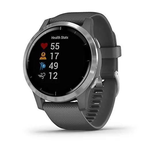 Garmin vivoactive 4, GPS Smartwatch, Features Music, Body Energy Monitoring, Animated Workouts, Pulse Ox Sensors and More, Silver with Gray Band
