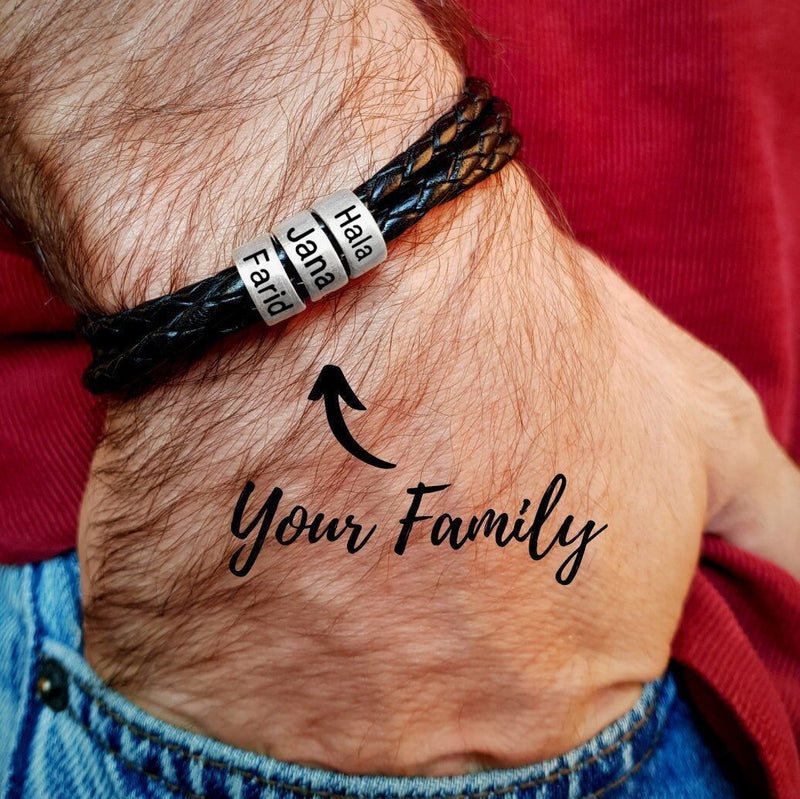 Personalized Stainless Steel Charm Bracelets Genuine Leather Braided Rope Men Bracelet Custom With 1-9 Names Beads Jewelry Gift GreatEagleInc