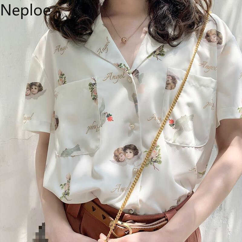 Neploe Angle Pattern Print Blouse Women Kong-Style Single Breasted Long Sleeve Female Shirts Loose Casual Ladies Tops A10033 GreatEagleInc