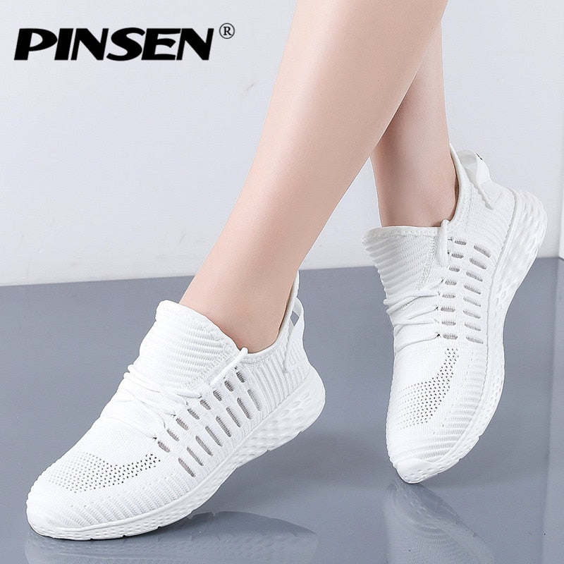 PINSEN 2020 Fashion Sneakers Shoes For Women Flats Breathable Mesh Casual Shoes Woman Lace-up Comfortable Trainers Ladies Shoes GreatEagleInc
