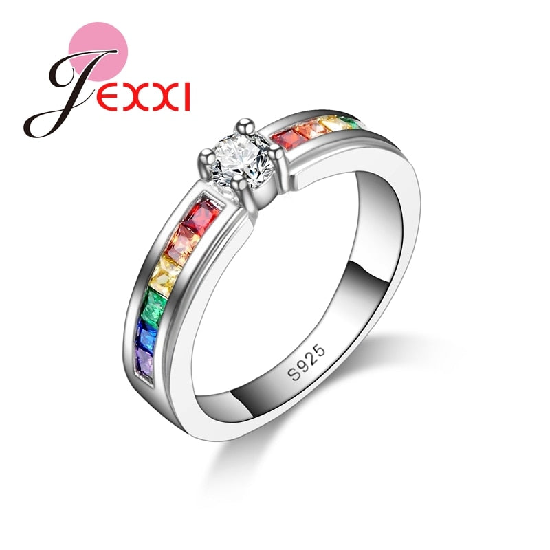 Real 925 Sterling Silver Various Colors Round Colorized Crystal Women Wedding Rings CZ Fashion Jewelry Ladies Accessories GreatEagleInc