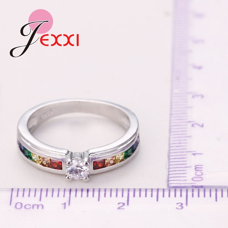 Real 925 Sterling Silver Various Colors Round Colorized Crystal Women Wedding Rings CZ Fashion Jewelry Ladies Accessories GreatEagleInc