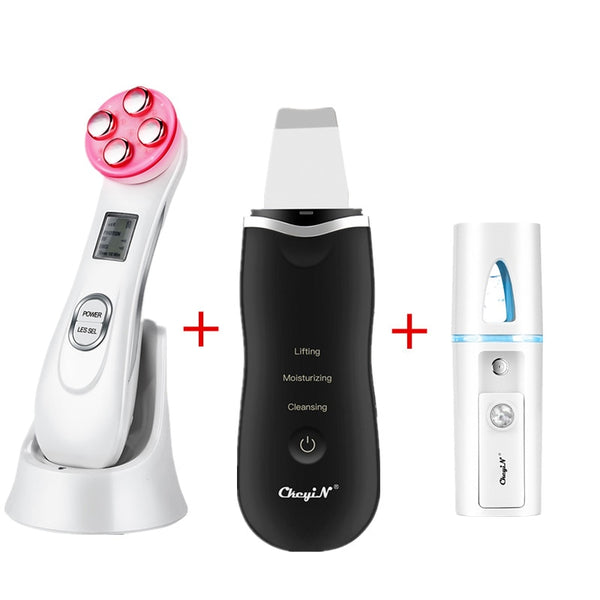 Ultrasonic Skin Scrubber Facial Spatula Deap Cleaning Skin Peeling Face Cleaner + RF EMS LED Beauty Device + Mini Nano mister 48 GreatEagleInc