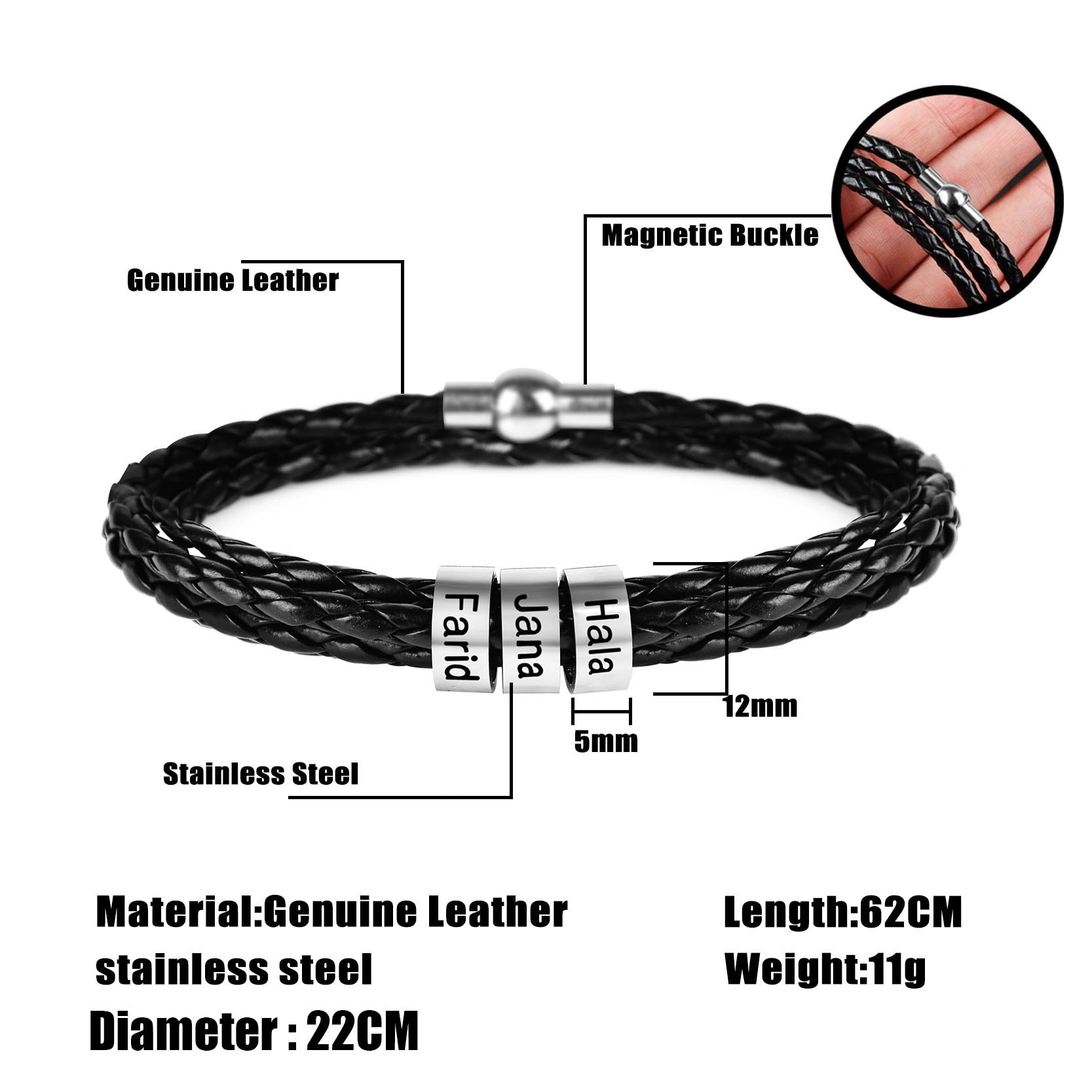 Personalized Stainless Steel Charm Bracelets Genuine Leather Braided Rope Men Bracelet Custom With 1-9 Names Beads Jewelry Gift GreatEagleInc