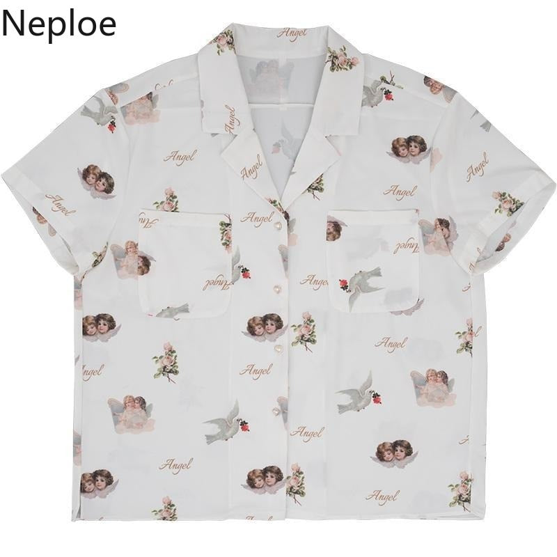 Neploe Angle Pattern Print Blouse Women Kong-Style Single Breasted Long Sleeve Female Shirts Loose Casual Ladies Tops A10033 GreatEagleInc