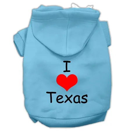 I Love Texas Screen Print Pet Hoodies Baby Blue Size Med GreatEagleInc