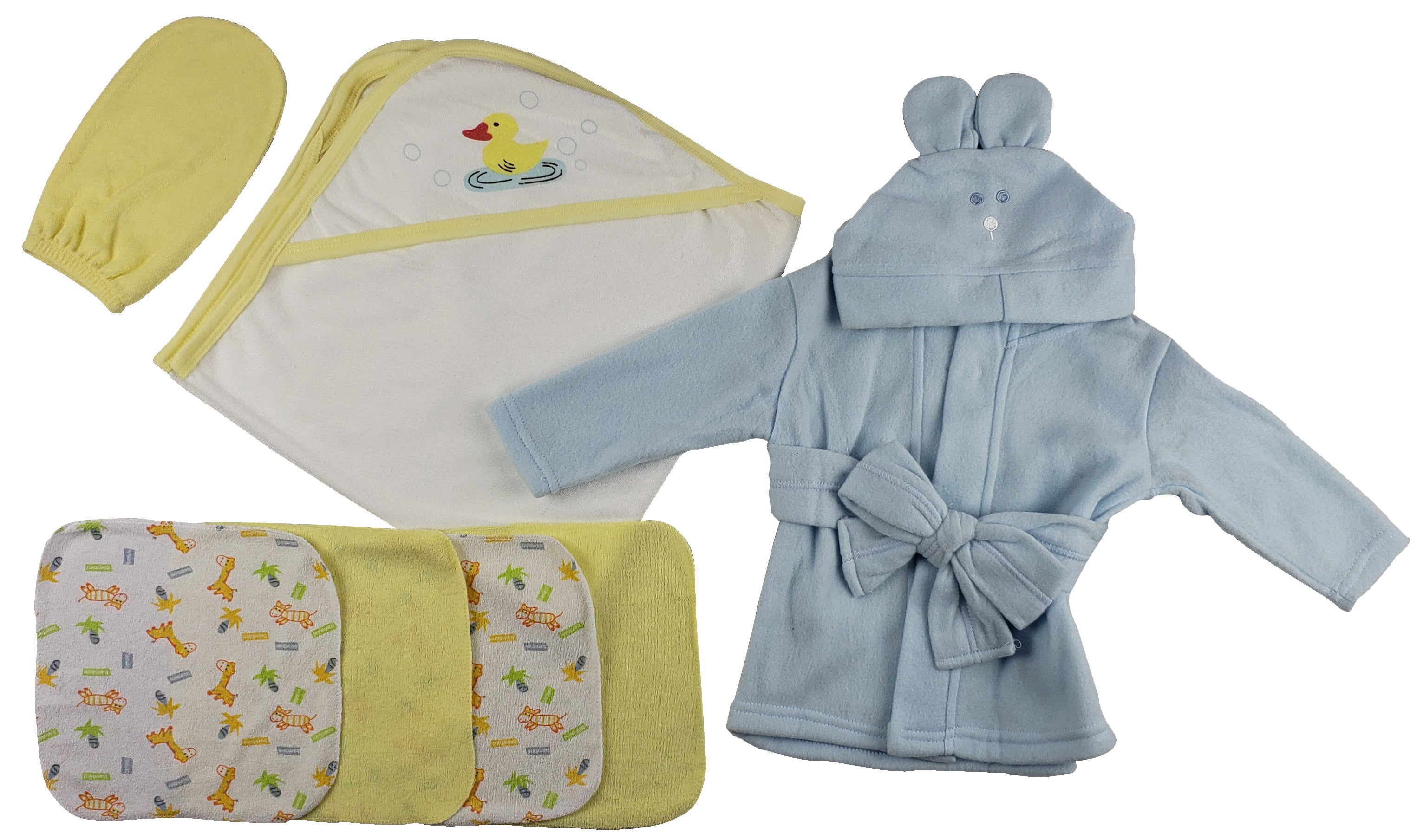 Blue Infant Robe, Yellow Hooded Towel, Washcloths And Hand Washcloth Mitt - 7 Pc Set GreatEagleInc