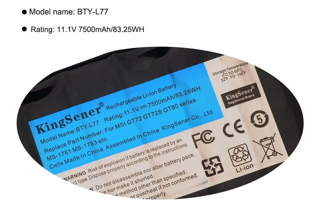 KingSener BTY-L77 Laptop Battery For MSI GT72 2QD GT72S 6QF GT72VR WT72 MS-1781 MS-1782 MS-1783 2PE-022CN 2QD-1019XCN 2QD-292XCN - GreatEagleInc