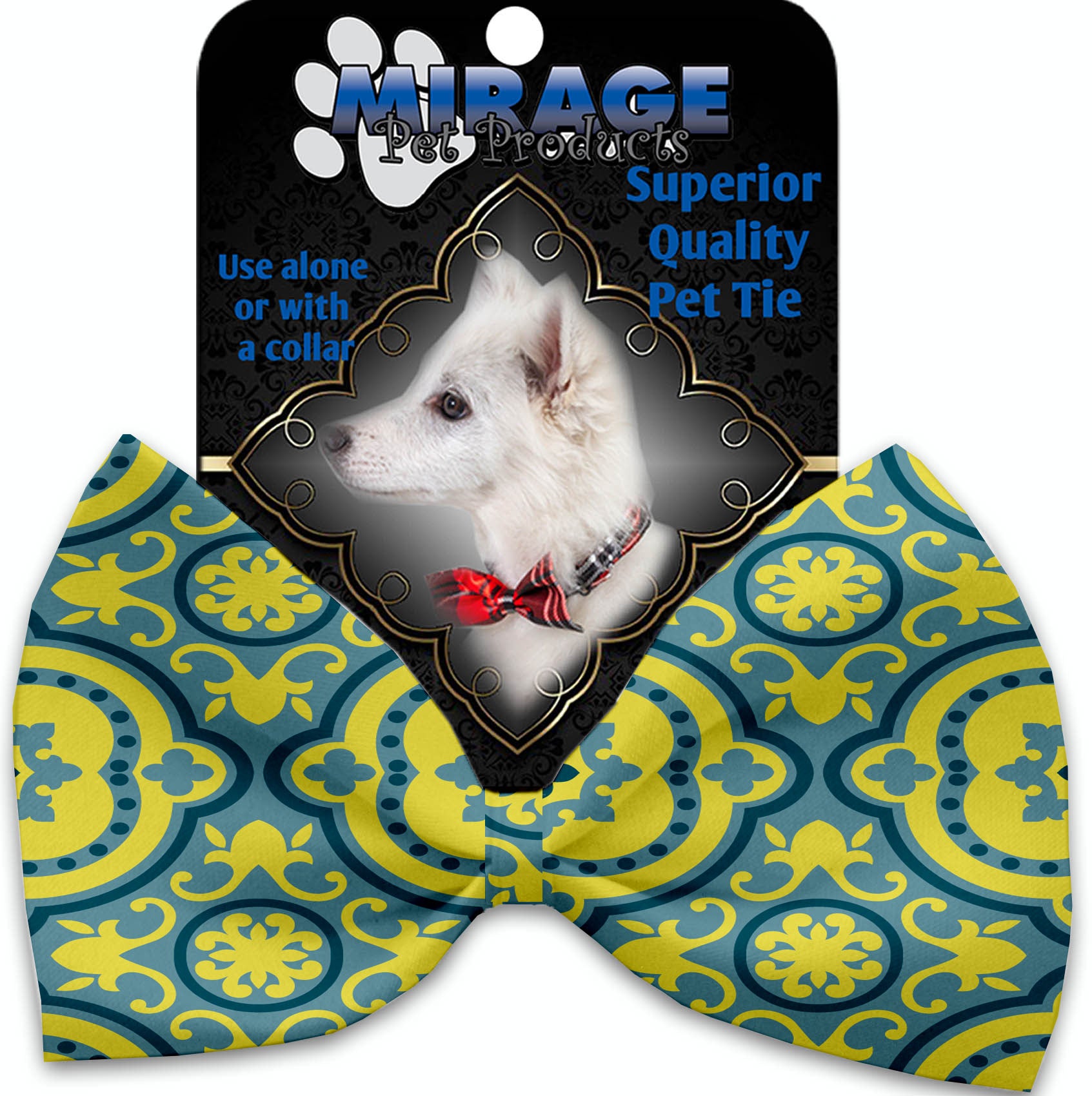 Blue And Yellow Moroccan Patterned Pet Bow Tie Collar Accessory With Velcro GreatEagleInc