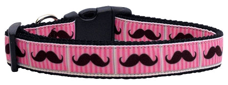 Pink Striped Moustache Nylon Dog Collar Medium Narrow GreatEagleInc