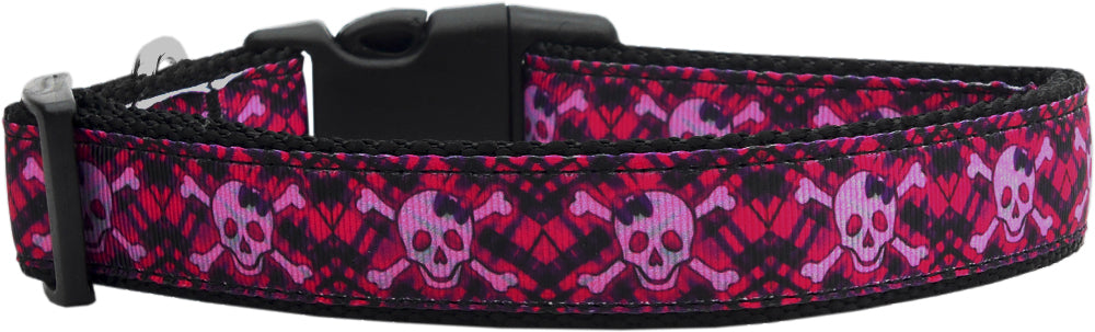 Hot Pink Plaid Skulls Nylon Dog Collar Medium Narrow GreatEagleInc