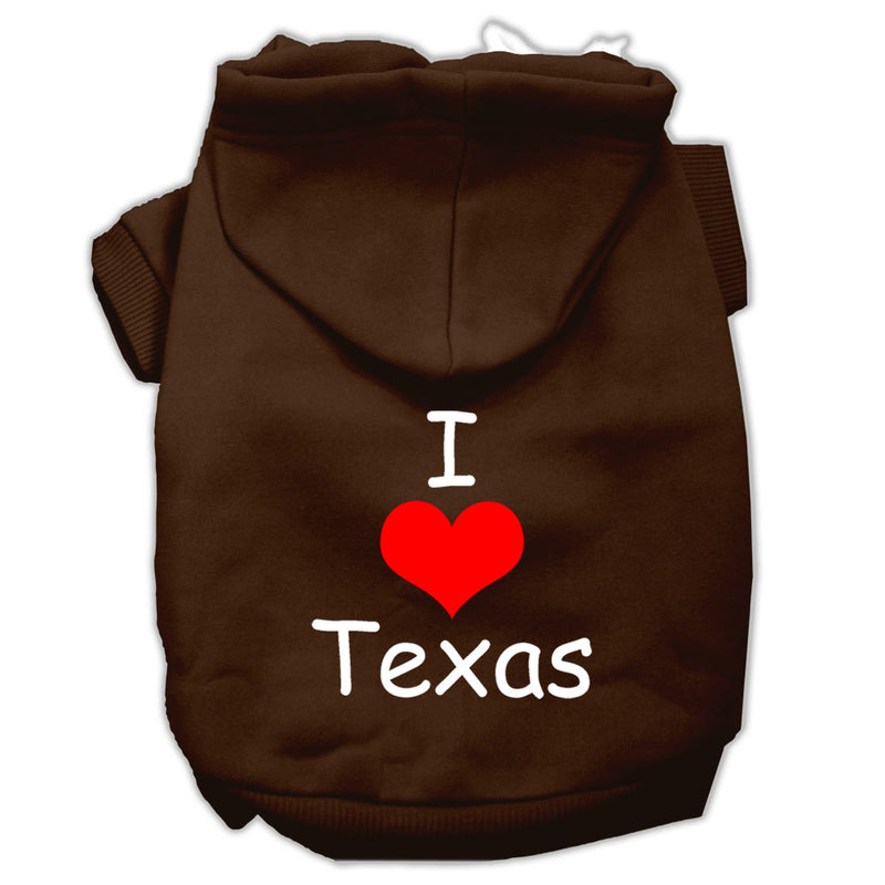 I Love Texas Screen Print Pet Hoodies Brown Size Xs GreatEagleInc