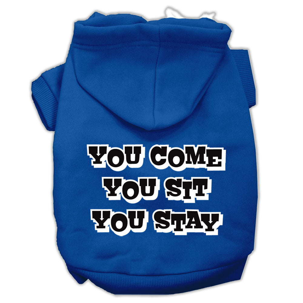 You Come, You Sit, You Stay Screen Print Pet Hoodies Blue Size Med GreatEagleInc