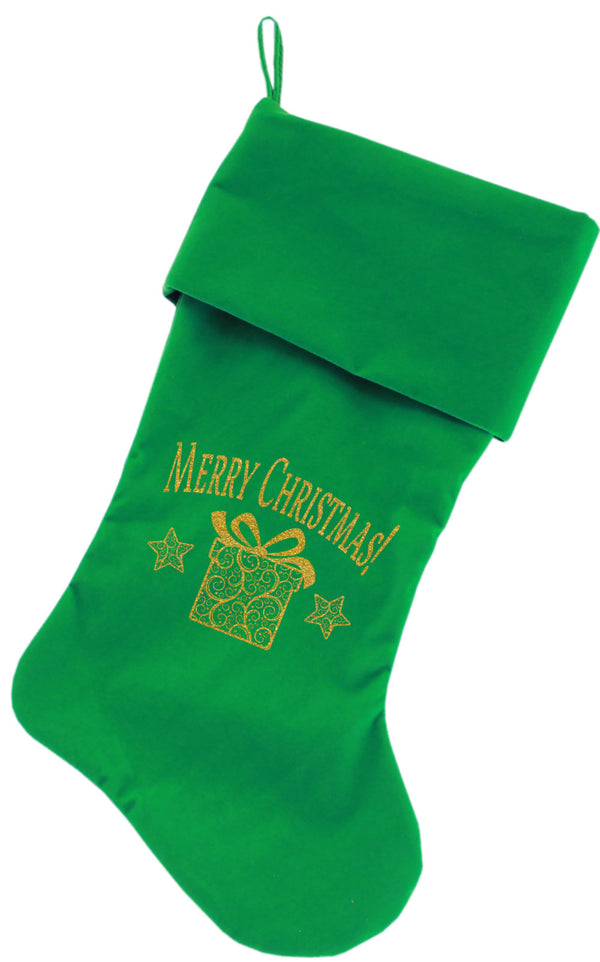 Golden Christmas Present Screen Print 18 Inch Velvet Christmas Stocking Green GreatEagleInc