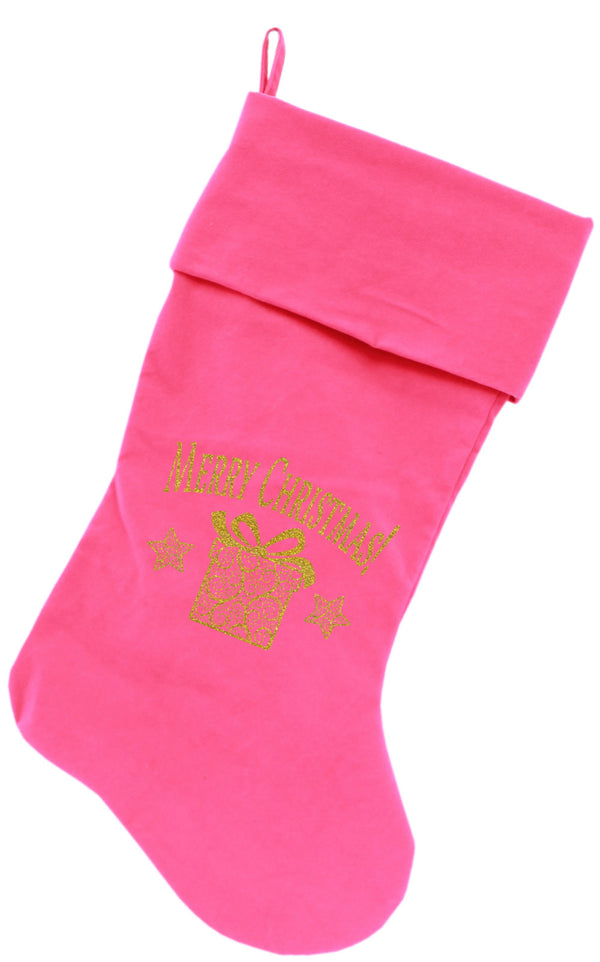 Golden Christmas Present Screen Print 18 Inch Velvet Christmas Stocking Pink GreatEagleInc