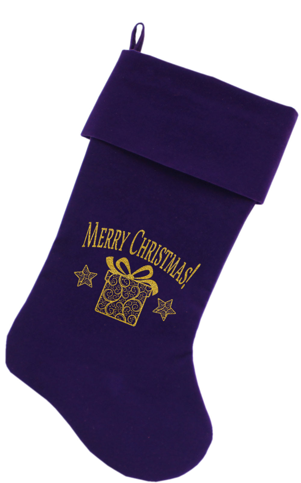 Golden Christmas Present Screen Print 18 Inch Velvet Christmas Stocking Purple Default Title