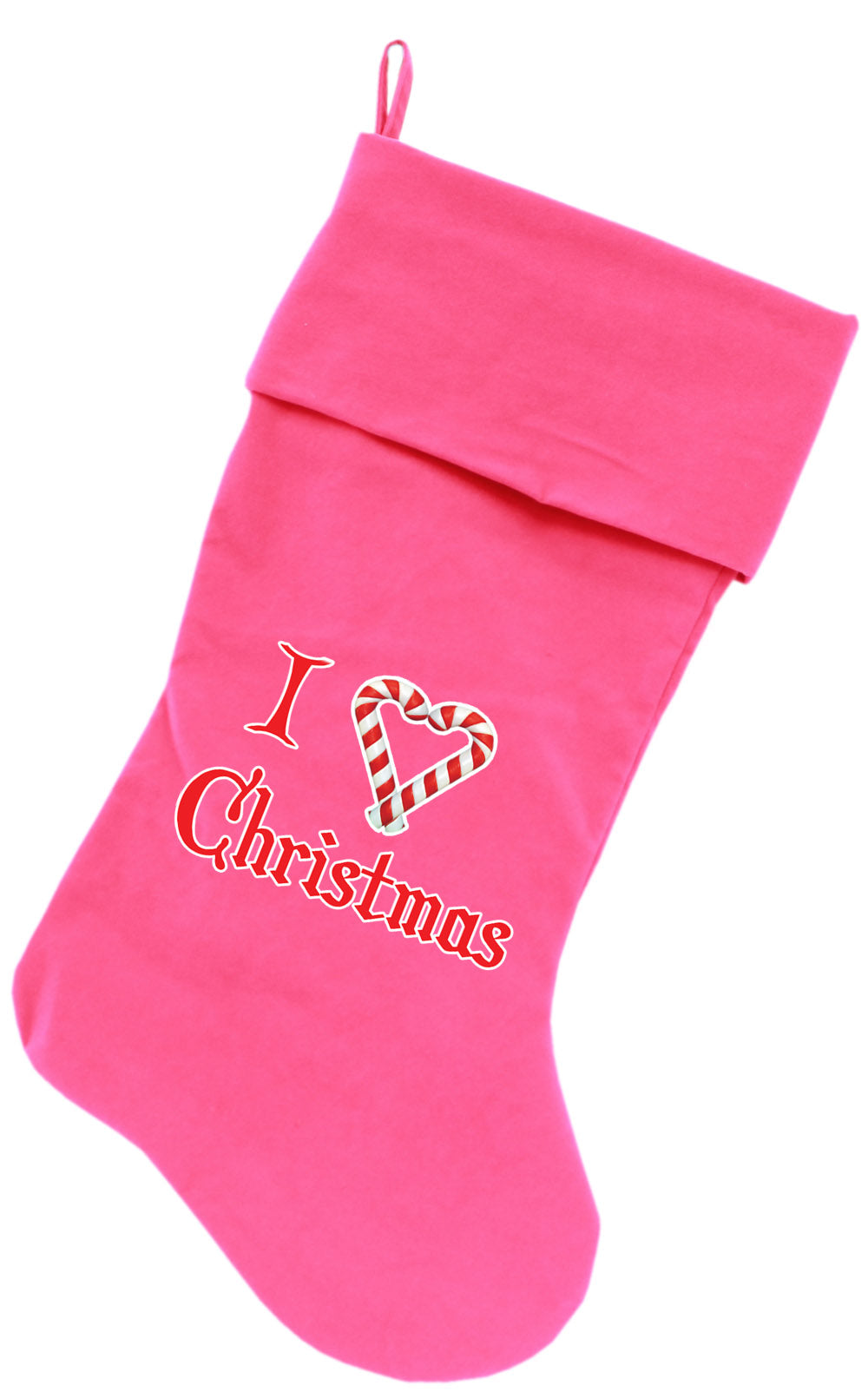 I Heart Christmas Screen Print 18 Inch Velvet Christmas Stocking Pink GreatEagleInc