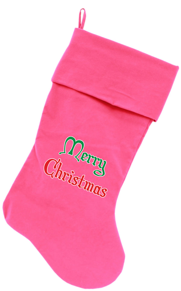 Merry Christmas Screen Print 18 Inch Velvet Christmas Stocking Pink GreatEagleInc