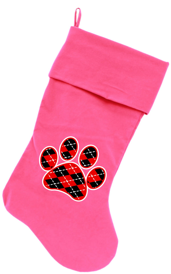 Argyle Paw Red Screen Print 18 Inch Velvet Christmas Stocking Pink GreatEagleInc